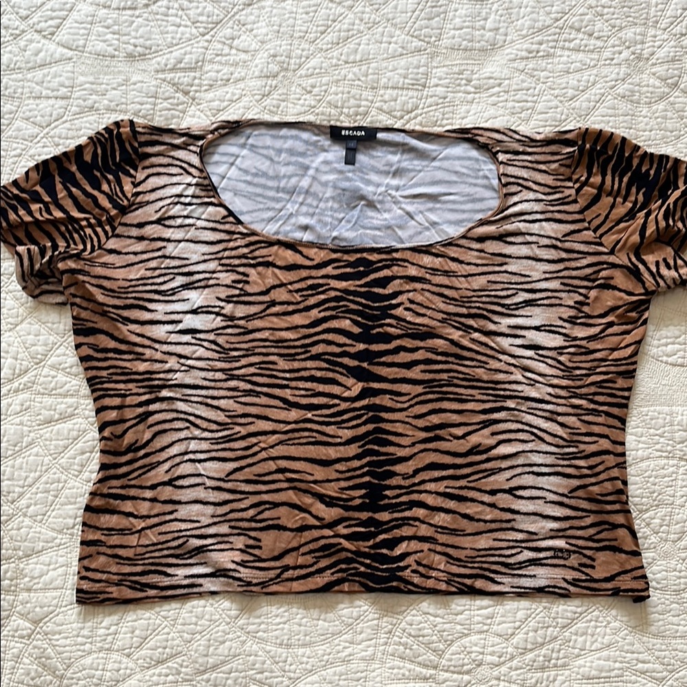 Escada Brown and Black tiger Animal Print Crop Tee
